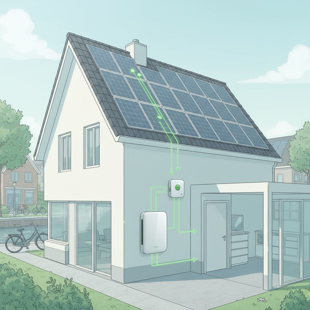 Een getekend huis met zonnepanelen op het dak, een omvormer en een thuisbatterij aan de muur, met groene pijlen die de energiestroom aangeven.