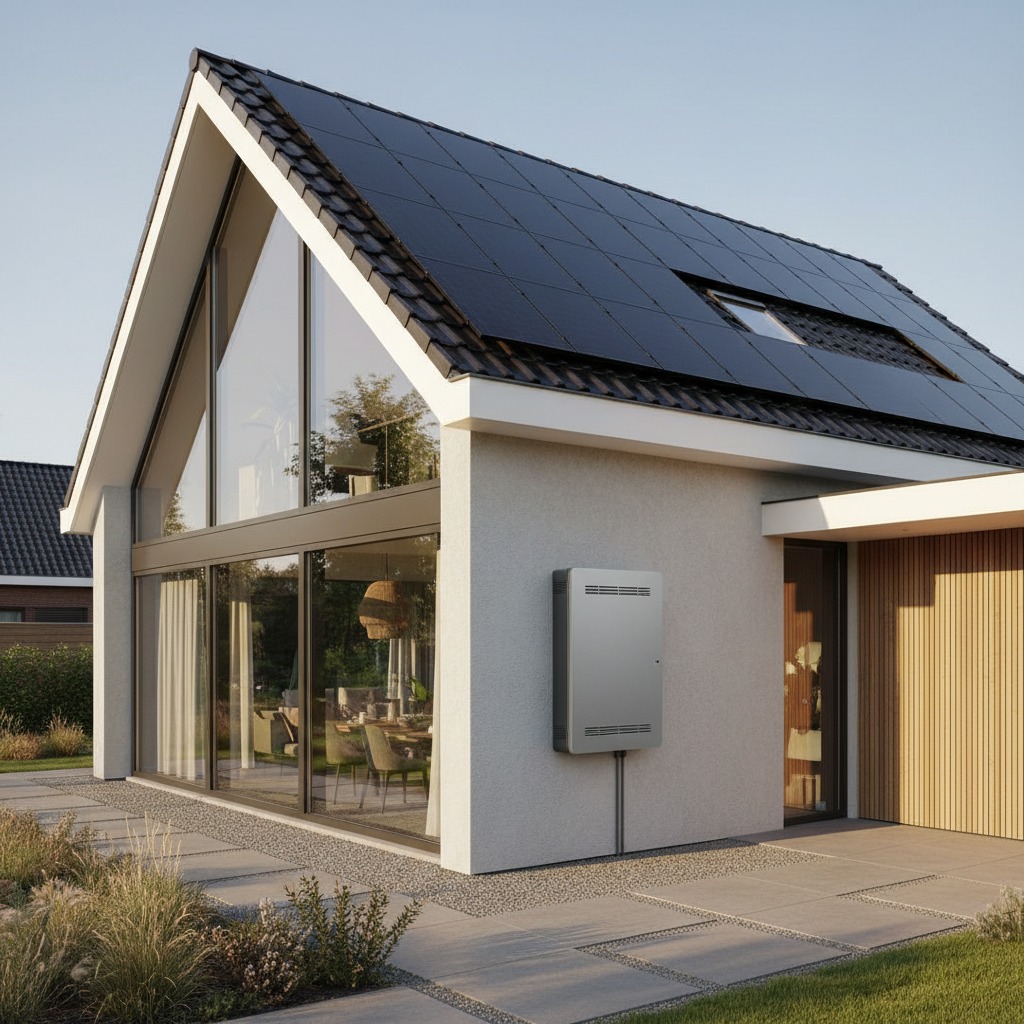 Een moderne woning met zonnepanelen op het dak en een thuisbatterij aan de buitenmuur.