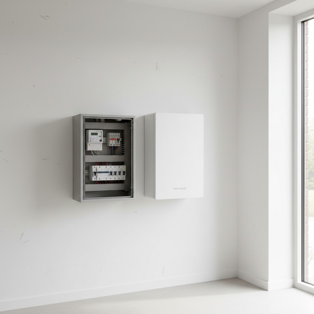 Een open meterkast en een witte behuizing hangen naast elkaar aan een witte muur in een lichte ruimte.