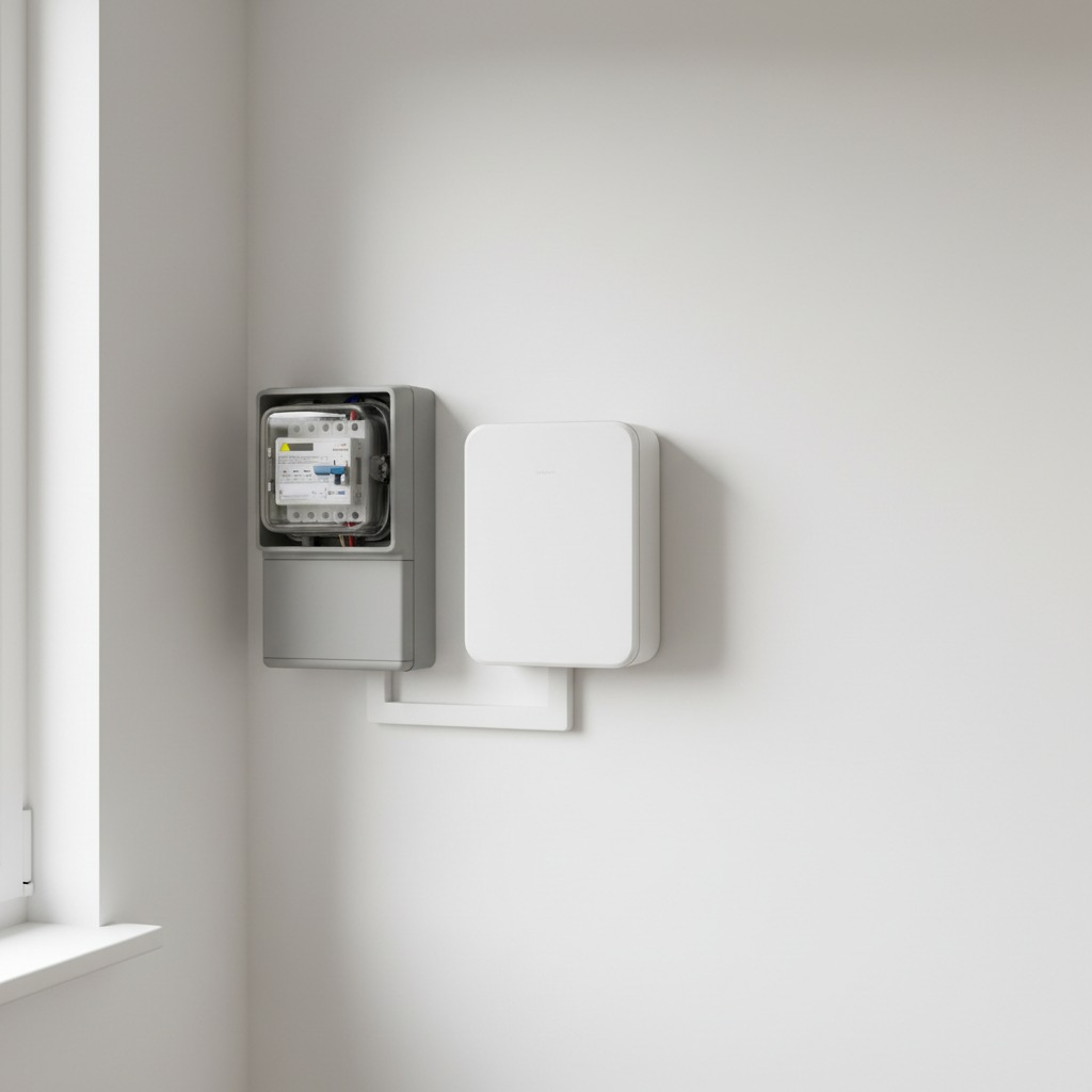 Een grijze elektriciteitsmeter en een witte behuizing zijn gemonteerd op een witte muur naast een raam.