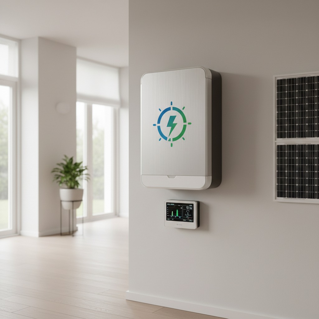 Moderne thuisbatterij aan de muur in een woning met slimme energiemeter.